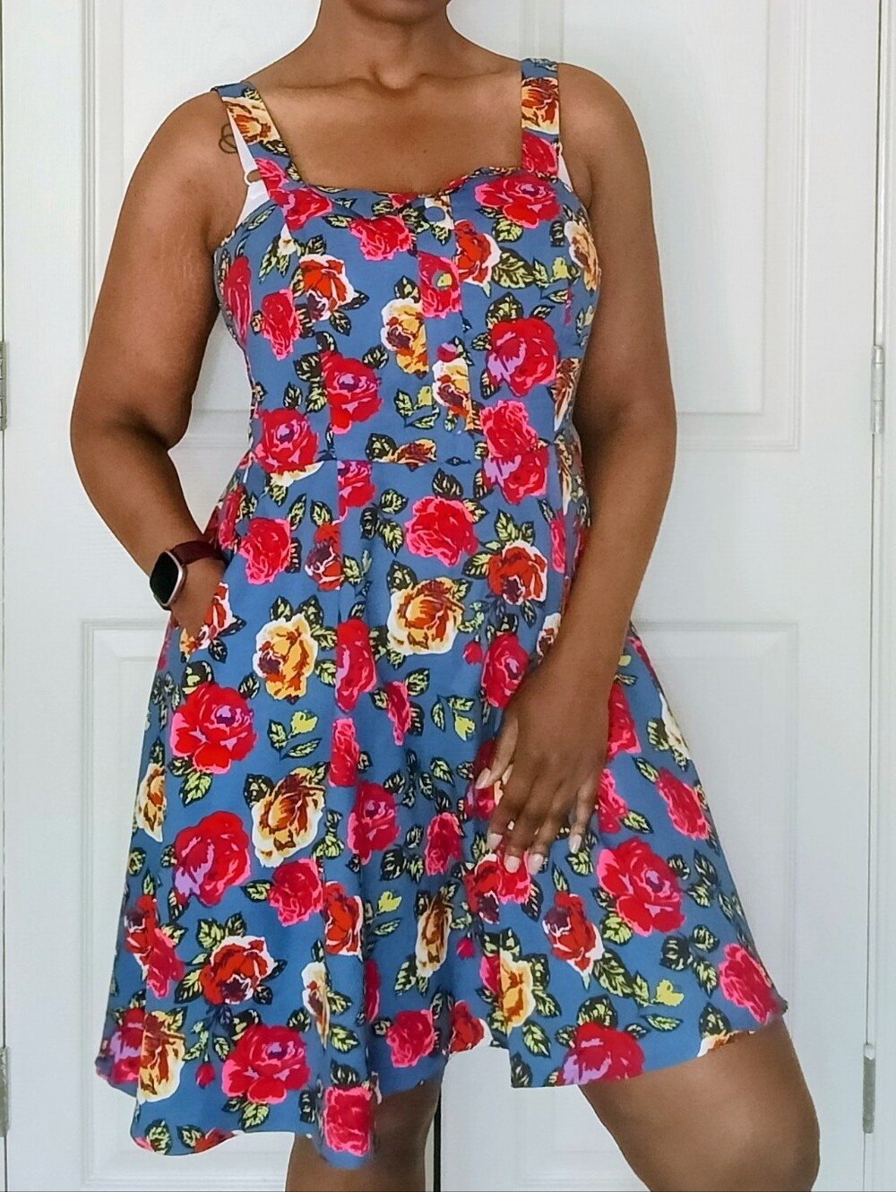 Forever 21 Blue Midi Dress with Red & Yellow Rose Print